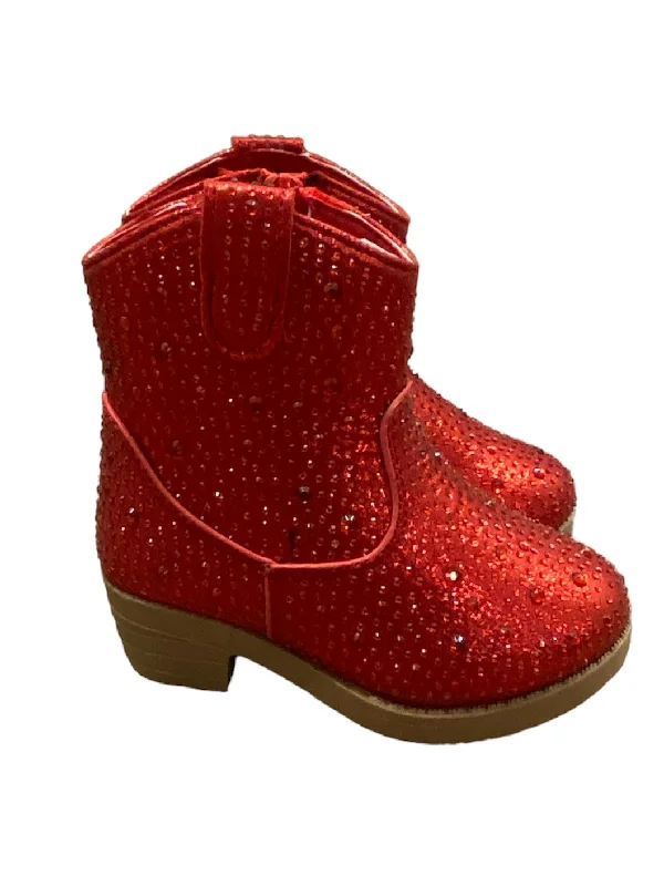 Comfortable hiking boots for rocky terrain -Red Rhinestone Rounded Boot - Short