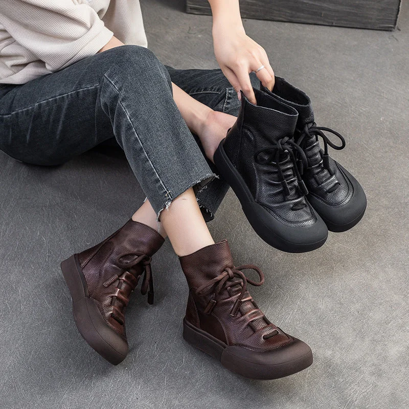 Stylish boots with buckles for fall -Women Retro Solid Leather Back Zipper Boots