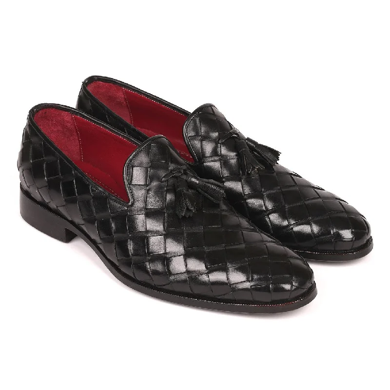 lightweight everyday loafers-Paul Parkman Men's Designer Shoes Black Braided Calf-Skin Leather Tassels Loafers 6623-BLK (PM6206)