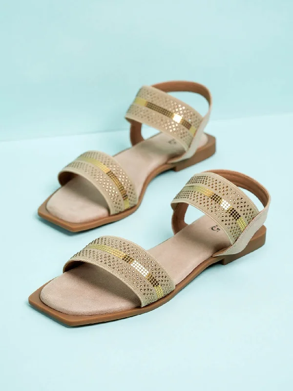 stylish casual flats-Women Beige & Gold-Toned Open One Toe Flats With Backstrap