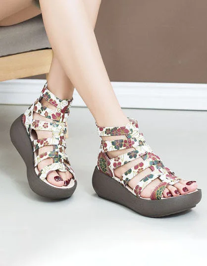 women’s sandals with metallic straps -Summer Flower Printed Wedges Women's Roman Sandals