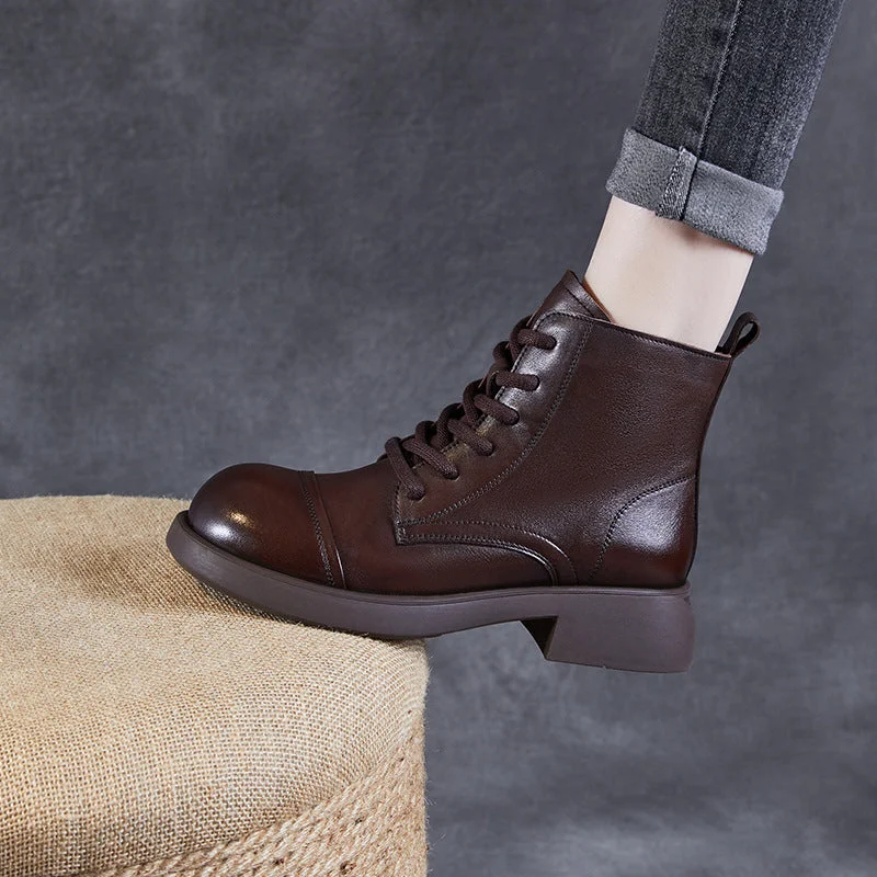 Low heel boots for everyday wear -Women Retro Solid Leather Casual Combat Boots