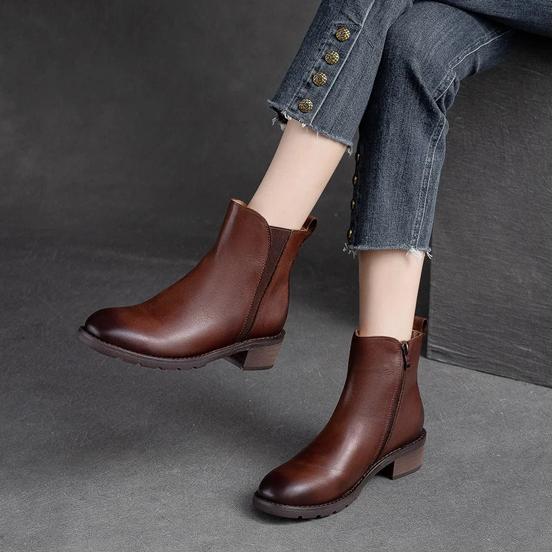 Lace-up boots for women -Women Minimalist Leather Casual Chunky Heel Boots