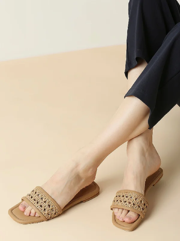 breathable ballet flats-Women Beige Textured Open Toe Flats