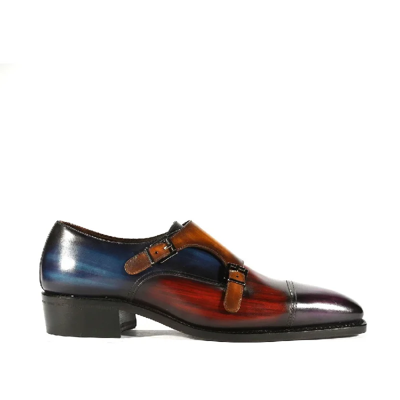 non-slip casual loafers-Ambrogio Men's Shoes Multi Patina Leather Monk-Straps Luxury Loafers (AMBX1000)