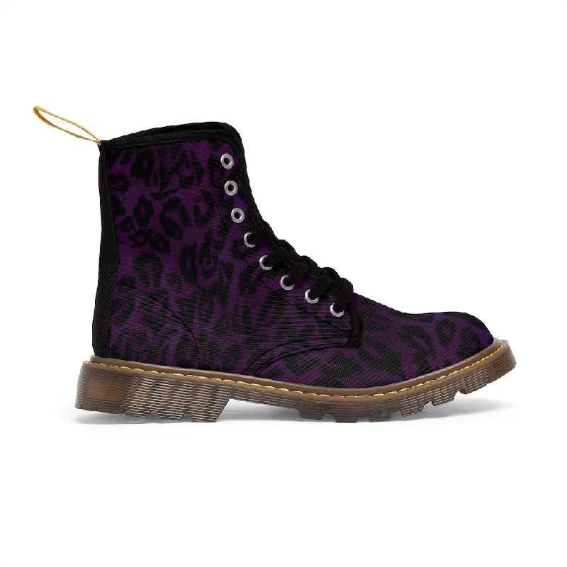 Stylish boots with a modern design -Purple Leopard Men Hiker Boots, Designer Animal Print Best Laced Up Men's Canvas Boots (US Size: 7-10.5)