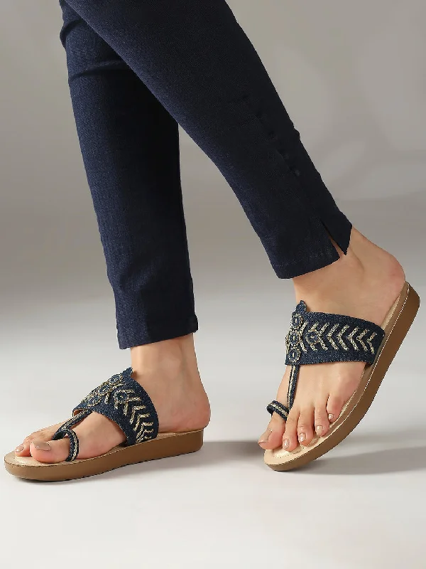 fashionable blue flats-Women Navy Denim And Gold-Toned One Toe Flats