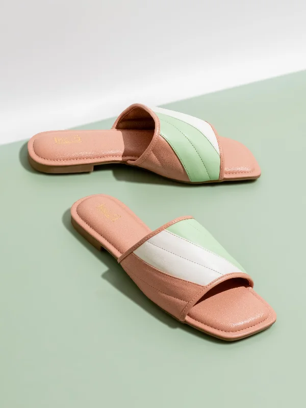 simple minimalist flats-Women Peach-Colourblocked Textured Open Toe Flats