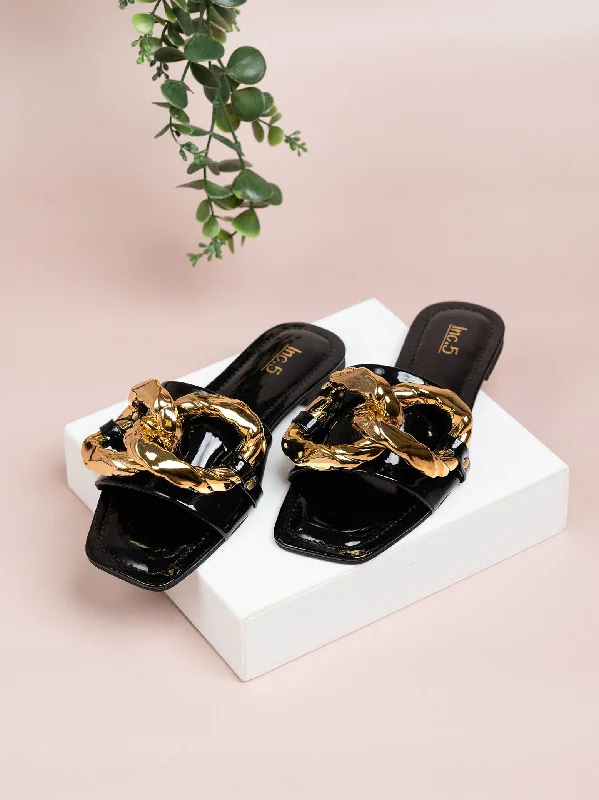 cushioned work flats-Women Black Buckle Embellished Open Toe Flats