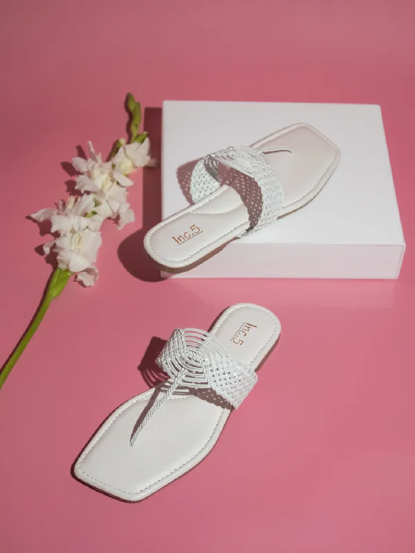 soft mesh flats-Women White Woven Design Open Toe Flats