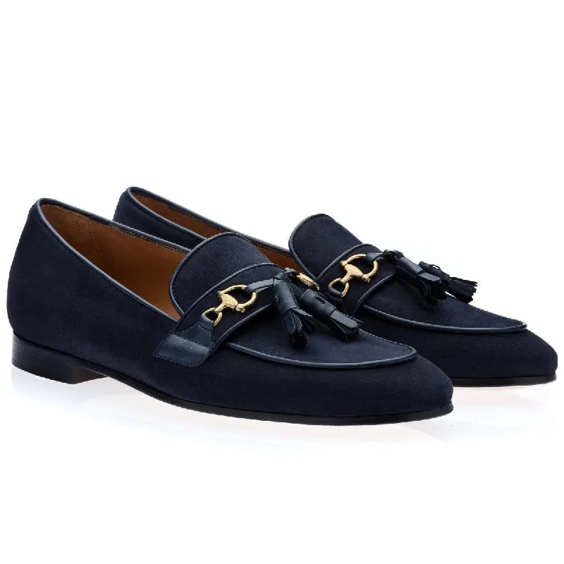 non-slip office loafers-SUPERGLAMOUROUS Bruno Velukid Men's Shoes Navy Suede Leather Tassel Loafers (SPGMS1061)