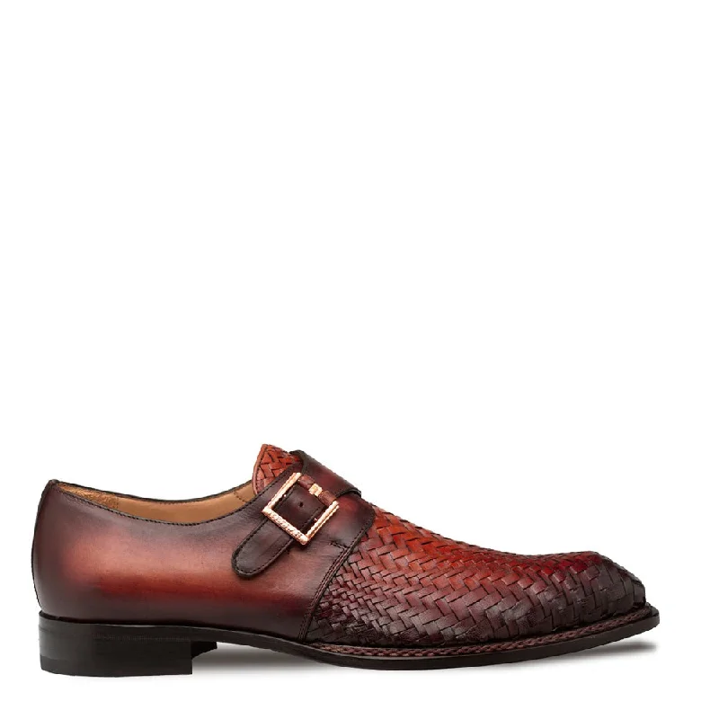 cute floral loafers-Mezlan Temi 21069 Men's Shoes Cognac & Rust Woven / Calf-Skin Leather Single Monk-Strap Loafers (MZ3741)