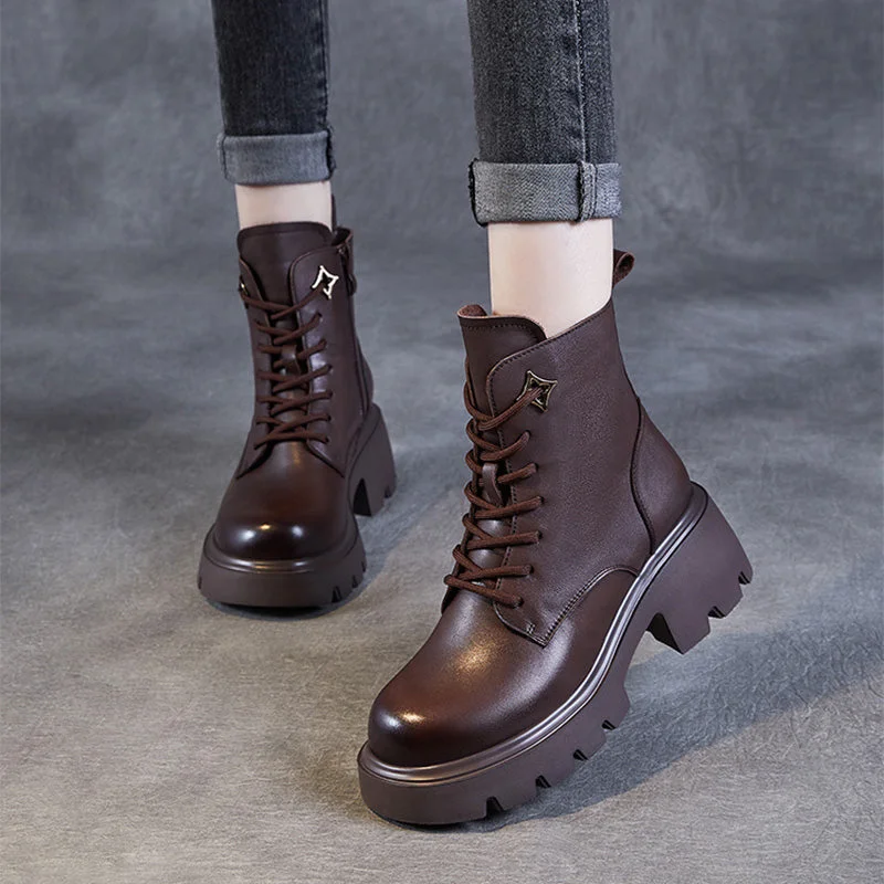 Boots for work in construction -Women Vintage Minimalism Leather Platform Boots