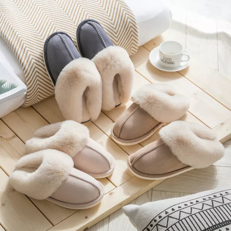 Slippers for morning rest-WinterFur Slippers Women Luxury Faux Suede Plush Couple Cotton Shoes Indoor Bedroom Flat Heels Fluffy Slippers