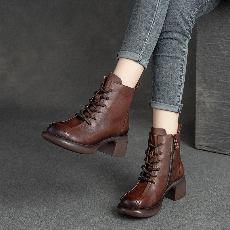 Stylish boots for winter city hikes -Women Retro Leather Chunky Heel Boots