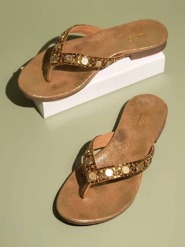 lightweight ballet flats-Women Rose Gold Ethnic Embellished Open Toe Flats