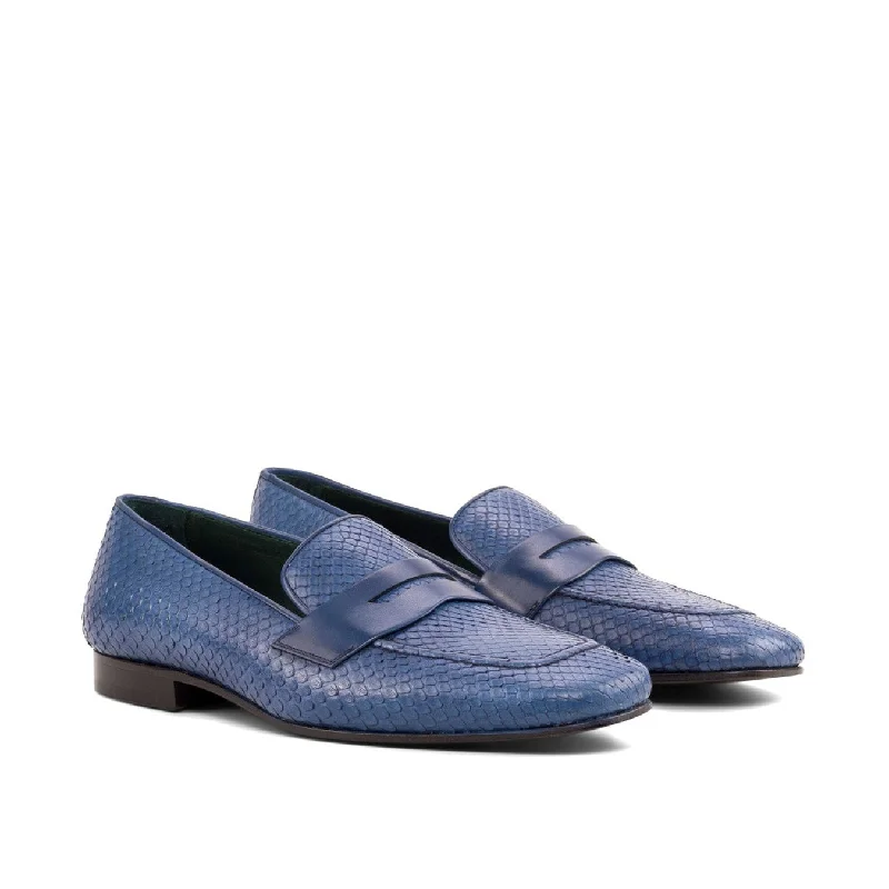 elegant slip-on loafers-Ambrogio Bespoke Men's Shoes Navy Python / Calf-Skin Leather Drake Penny Loafers (AMB2266)