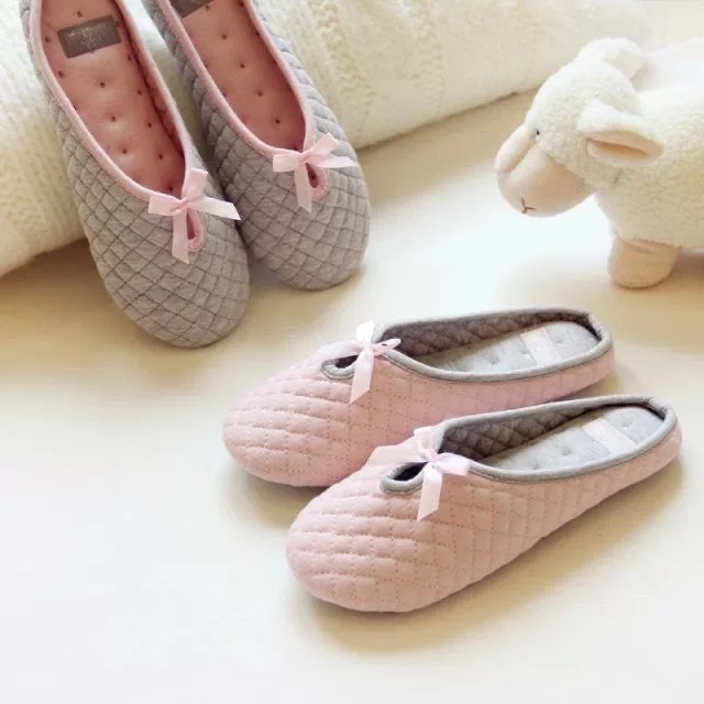 Slippers with chic rest-Cute Bowtie Winter Women Home Slippers For Indoor Bedroom House Soft Bottom Cotton Warm Shoes Adult Guests Flats Christmas Gift