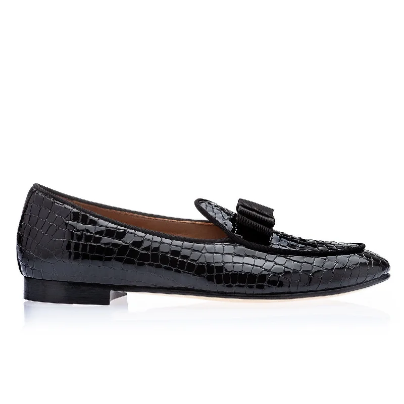 breathable summer loafers-SUPERGLAMOUROUS Tangerine 3 Men's Shoes Black Crocodile Print Leather Belgian Loafers (SPGM1312)