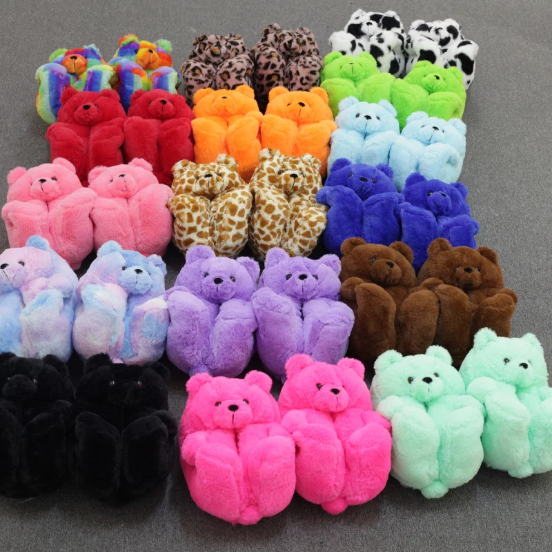 Slippers for fall rest-Teddy Bear women christmas plush slippers Cartoon Bear House Slipper Furry Faux Fur Slides Woman Furry Flip Flop Shoes