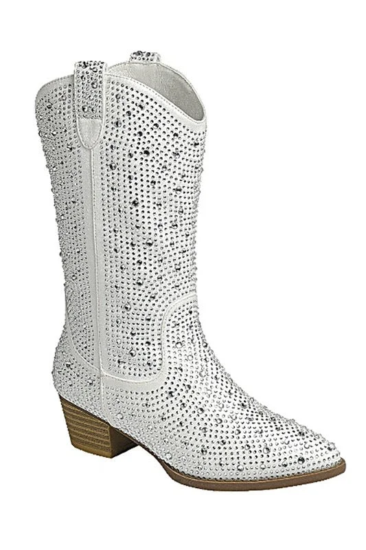 Insulated snow boots for women -White Rhinestone Boots- Tall Western