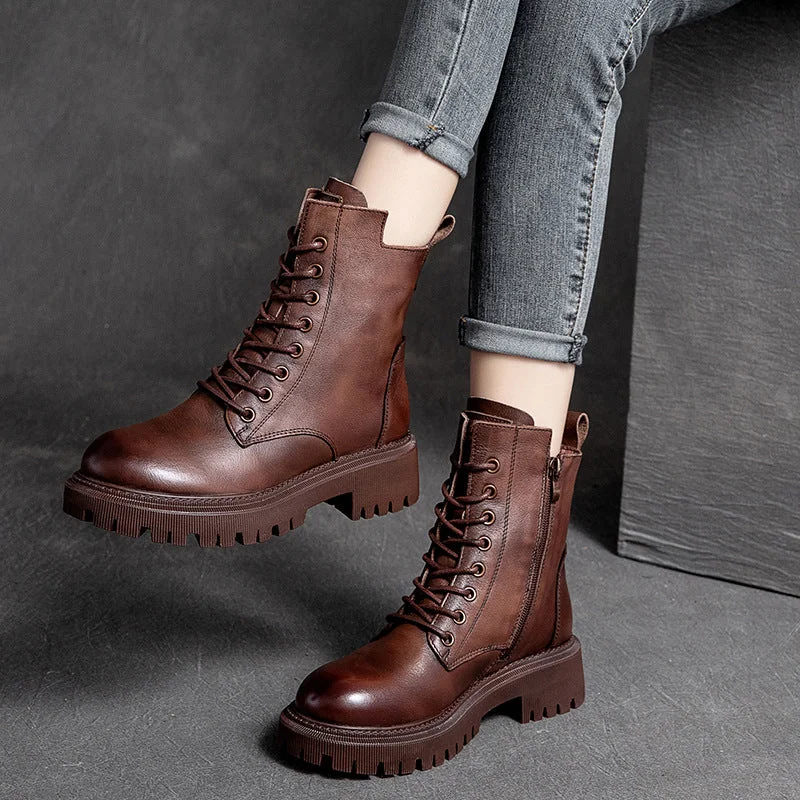 Stylish boots for rugged winter conditions -Women Retro Casual Leather Thick Soled Boots