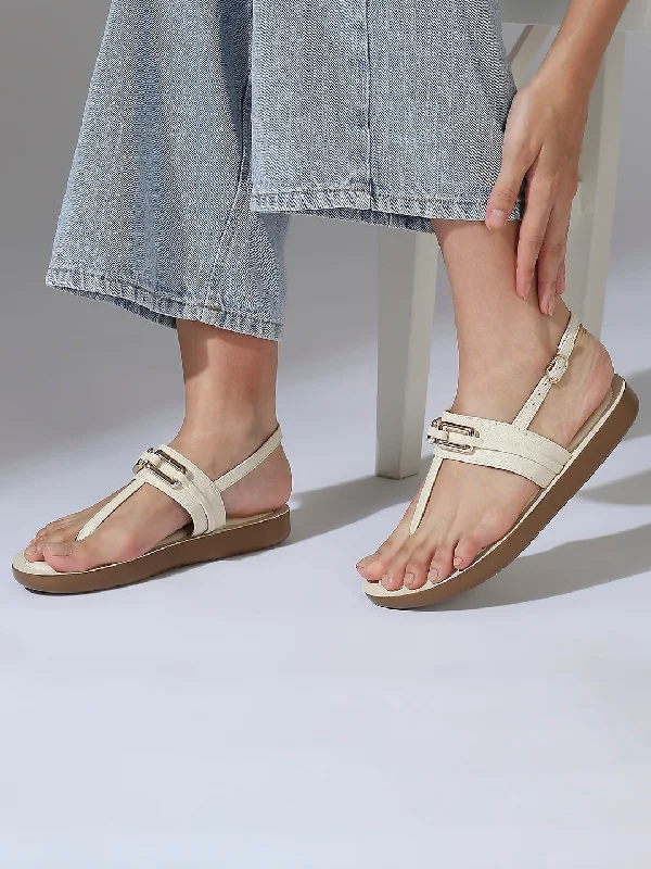 stylish summer flats-Women Beige Buckled T-Strap Open Toe Flats