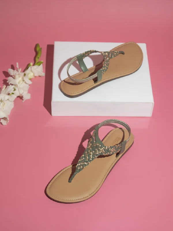 cushioned everyday flats-Women Green-Coloured & Gold Textured Open Toe Flats