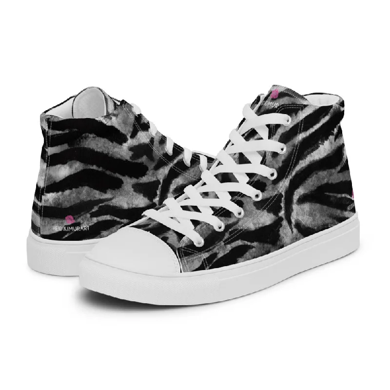 Grey Tiger Striped Men's Sneakers, Tiger Faux Skin Striped Animal Print Designer High Tops For Men