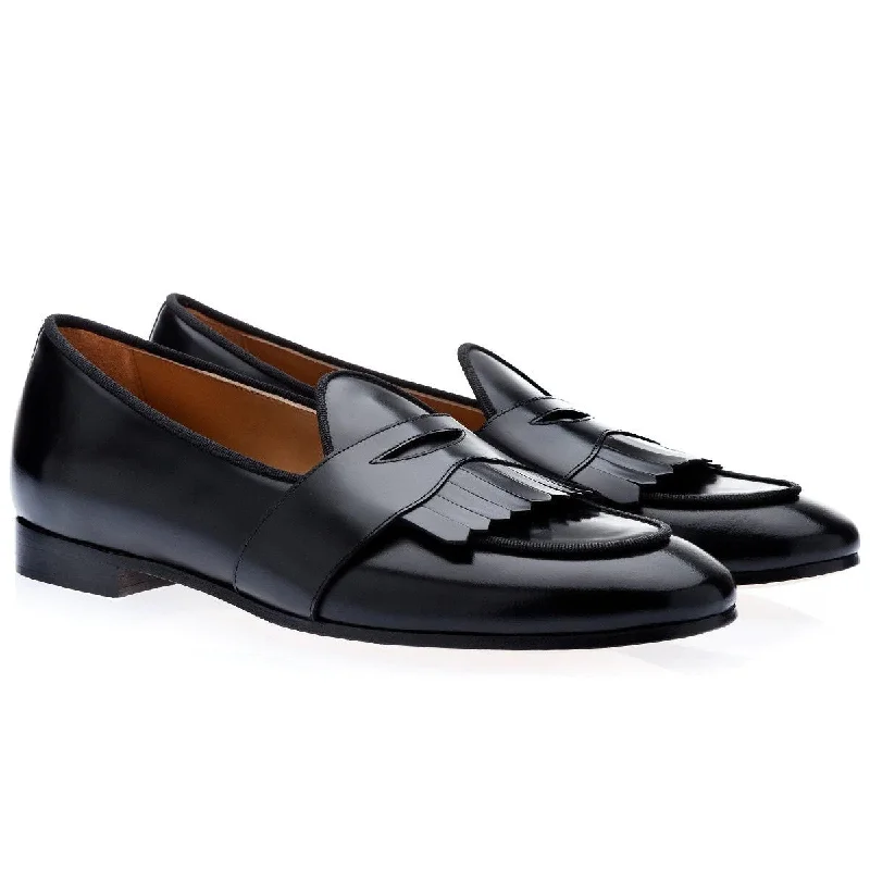 sleek red loafers-SUPERGLAMOUROUS Tangerine 10 Cordovan Men's Shoes Black Polished Leather Penny Loafers (SPGM1055)