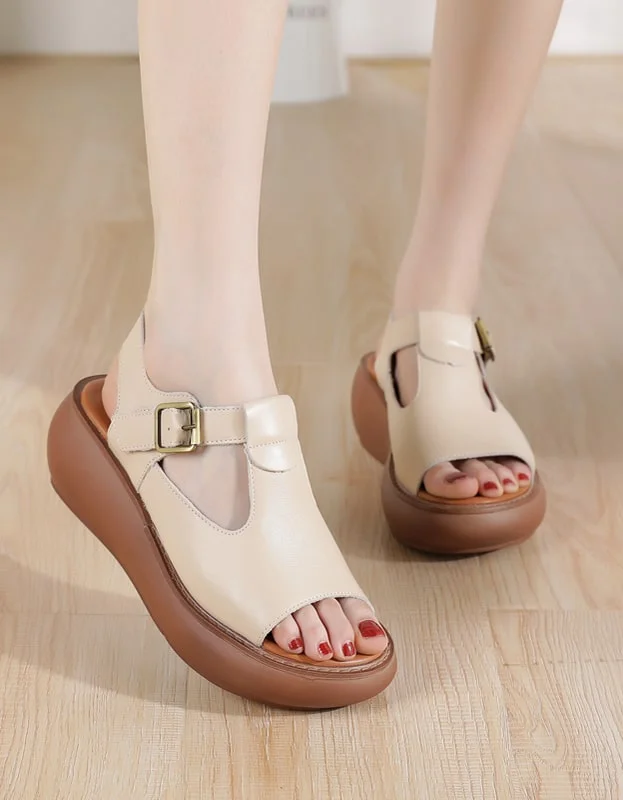 men’s sandals with open heels -Summer T-strap Front Buckle Wedge Sandals