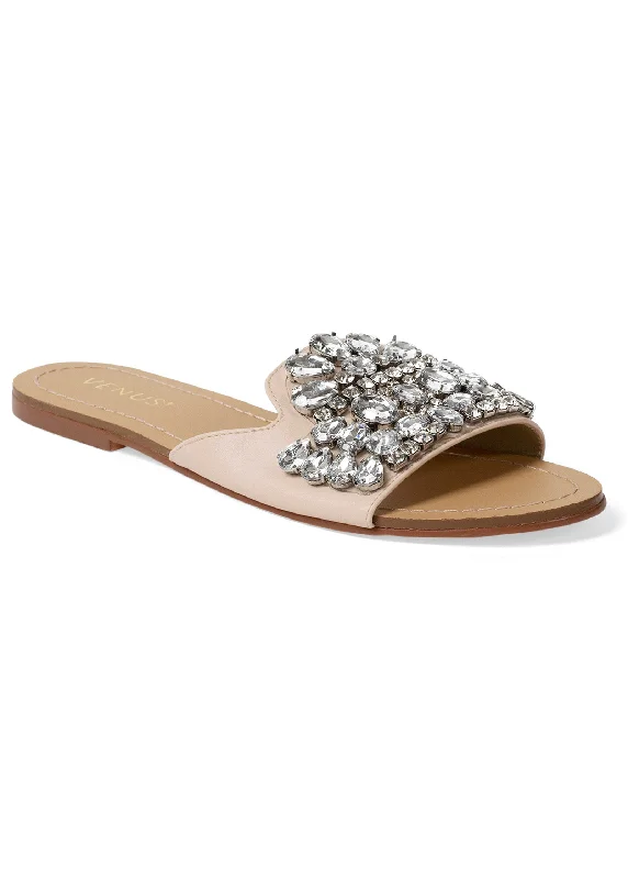 sandals with slip-on straps -Rhinestone Slide Sandals - Blush