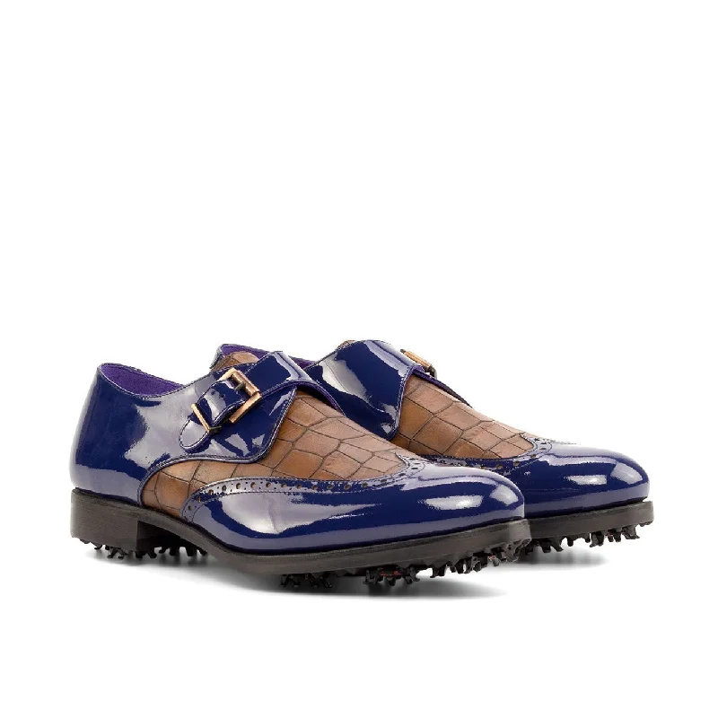 trendy black loafers-Ambrogio Bespoke Men's Shoes Cobalt Blue & Brown Crocodile Print / Patent Leather Monk-Strap Golf Loafers (AMB2267)