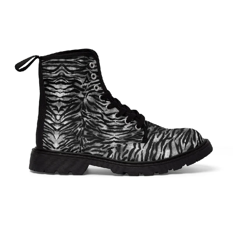 Vegan leather boots for women -Gray Tiger Men's Canvas Boots, Gray Tiger Striped Animal Print Best Men's Footwear Hiking Boots