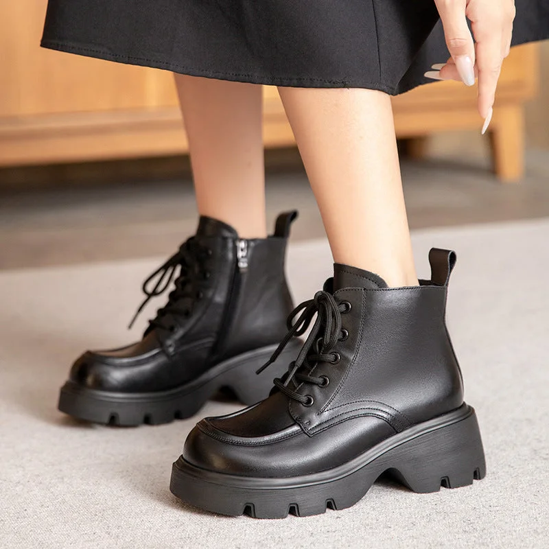 Boots for standing all day -Women Retro Solid Leather Thick Soled Casual Boots