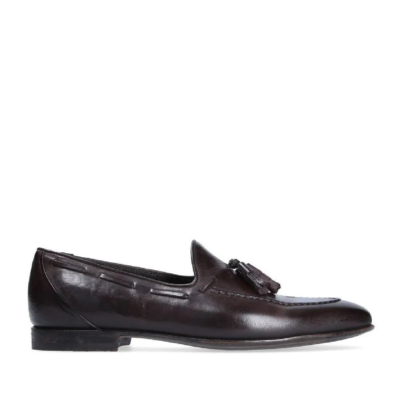 women’s black loafers-Franceschetti Milo Men's Shoes Brown Horse Leather Tassels Loafers (FCCT1008)