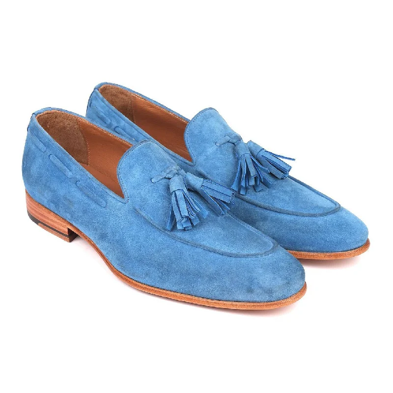 non-slip summer loafers-Paul Parkman Men's Shoes Blue Suede Leather Tassels Loafers BLU32FG (PM6211)