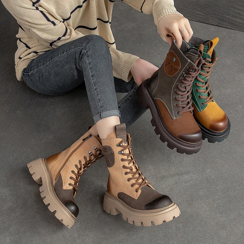 Durable boots for hiking snowy terrain -Women Retro Color Matching Patchwork Leather Combat Boots