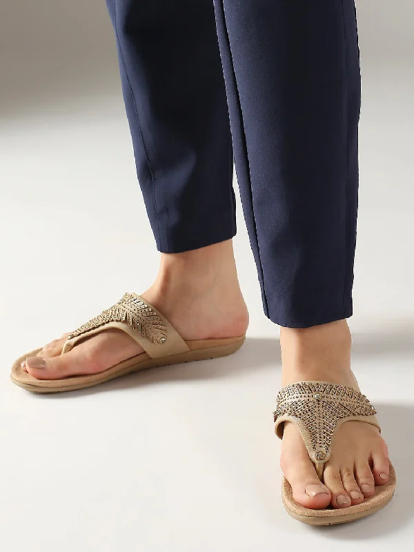 breathable ballet flats-Women Beige And Gold-Toned Textured T-Strap Flats