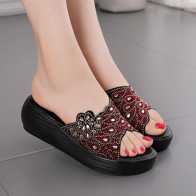 Slippers for quick rest-TM1153 Rhinestone Leather Women's Casual Shoe Slippers with Wedges