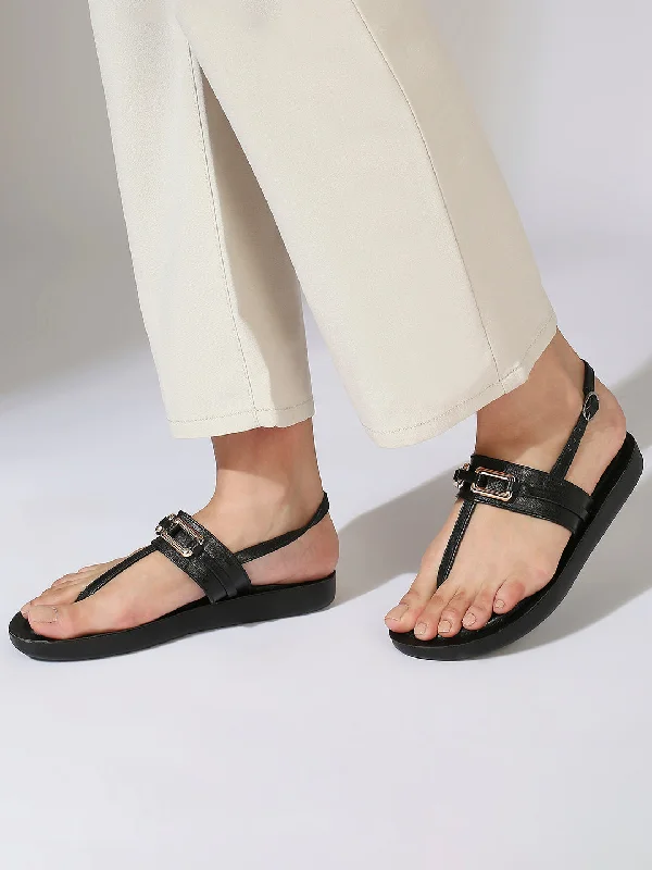 elegant silver flats-Women Black Buckled T-Strap Open Toe Flats