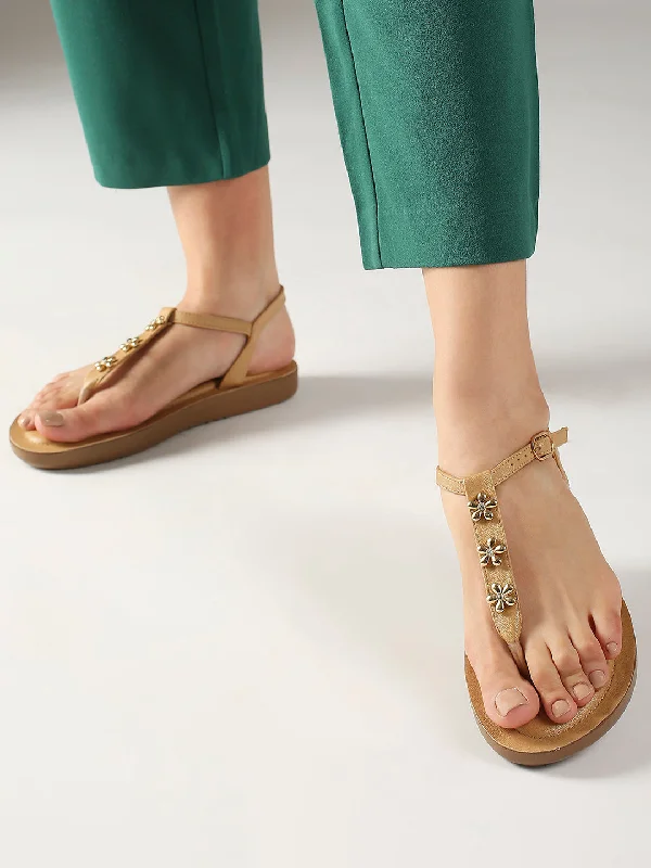 cushioned pointed flats-Women Beige And Gold-Toned T-Strap Flats with Buckle Detail