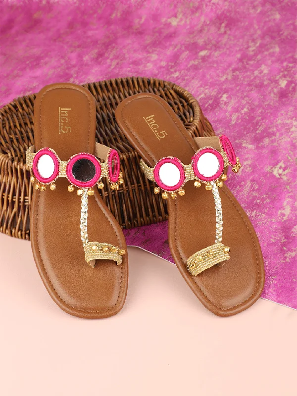 elegant gold flats-Women Pink & Gold-Toned Ghungroo Embellished Open Toe Flats