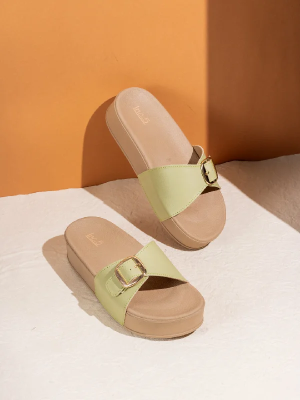 sleek beige flats-Womens Green Casual Solid Open Toe Flats