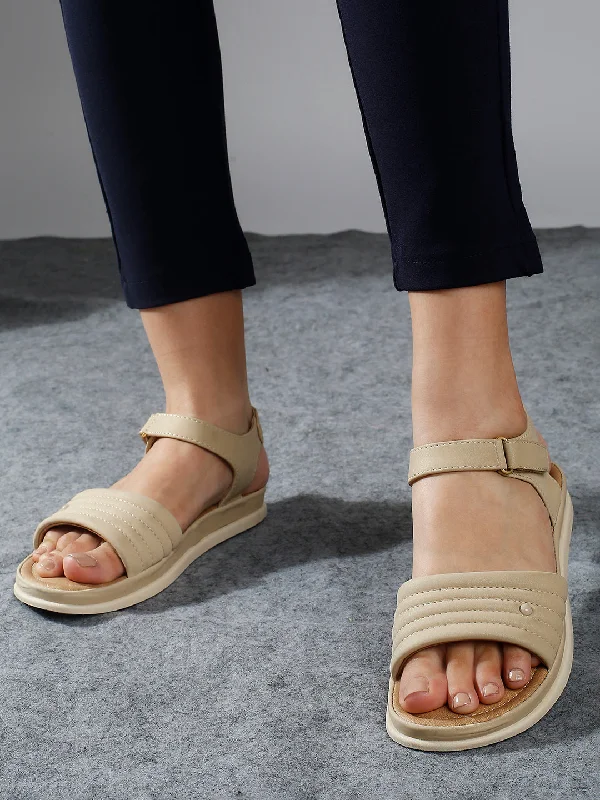 women’s nude flats-Women Beige Textured T-Strap Open Toe Flats With Backstrap