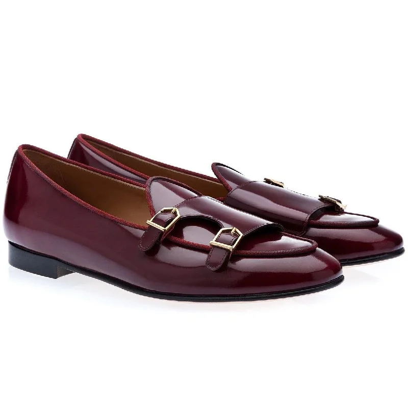 versatile black loafers-SUPERGLAMOUROUS Tangerine 7 Men's Shoes Burgundy Polished Leather Monk-Straps Belgian Loafers (SPGM1049)