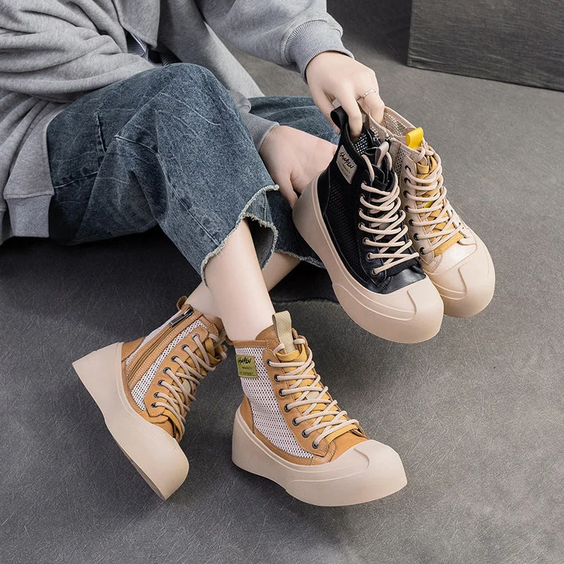 Warm boots for extreme weather conditions -Women Breathable Mesh Leather Casual Platform Boots