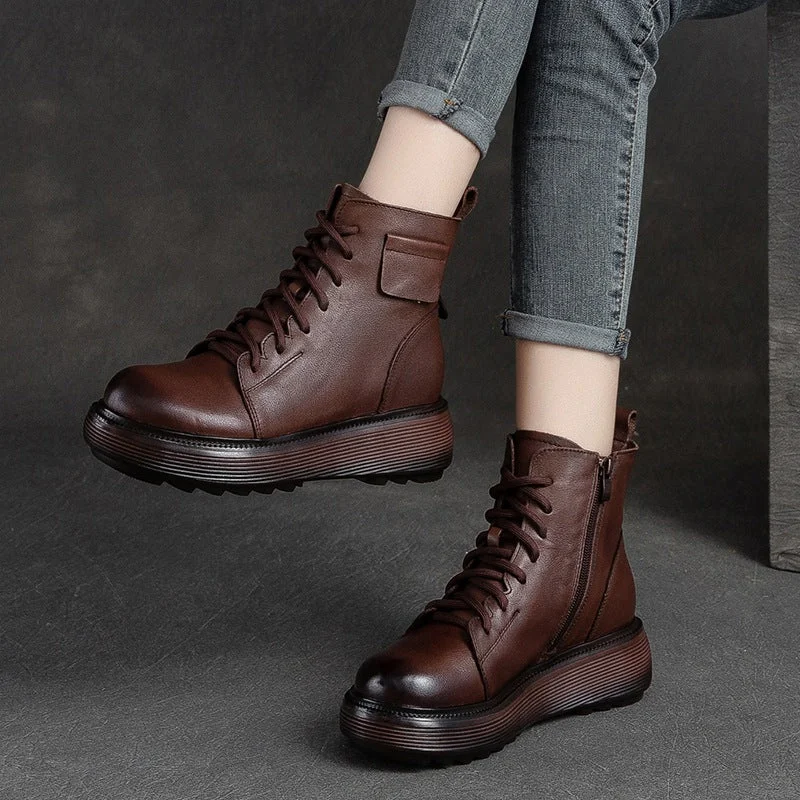 Chunky heel boots for women -Women Retro Soft Leather Platform Boots