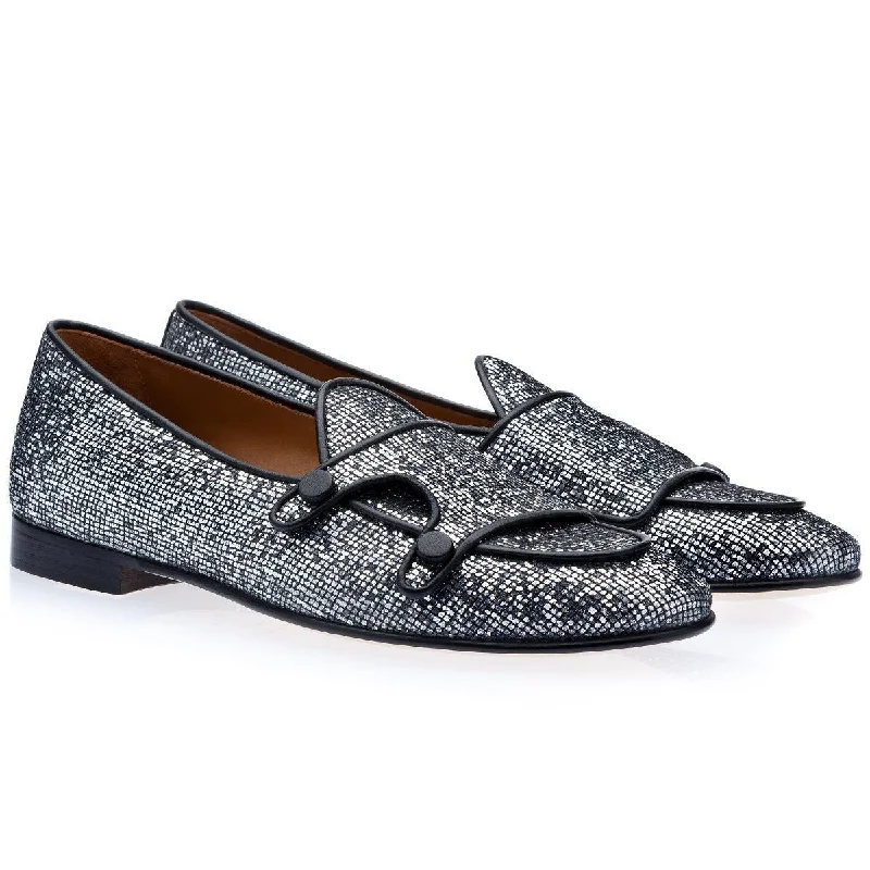 stylish spring loafers-SUPERGLAMOUROUS Tangerine 7 Square Men's Shoes Silver Glittered Canvas Fabric Monk-Straps Belgian Loafers (SPGMS1118)