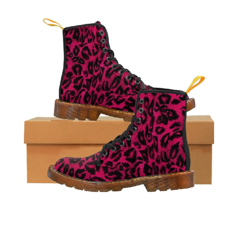 Boots for long hikes in cold weather -Pink Leopard Print Men Hiker Boots, Designer Men's Canvas Laced Up Hunting Water Resistant Boots